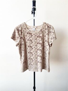Talbots Brown & Cream Floral Velvet Short Sleeve Women's Top Size M